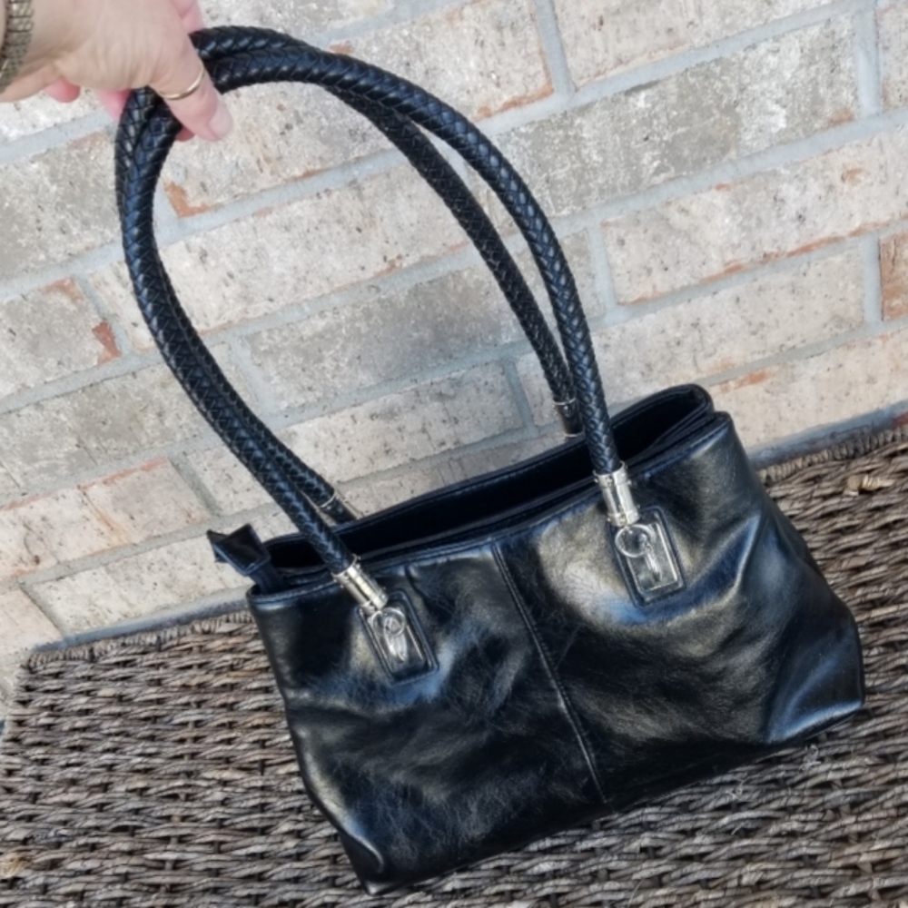 Peck & Peck BLACK Leather Handbag W/ Woven Double Handles (13x9x5) Shoulder Bag